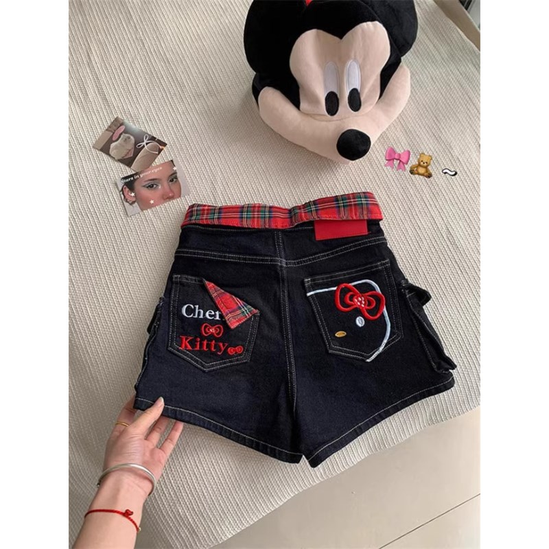 大码胖mm美式复古格纹猫咪刺绣牛仔短裤女夏季设计感高腰阔腿裤子