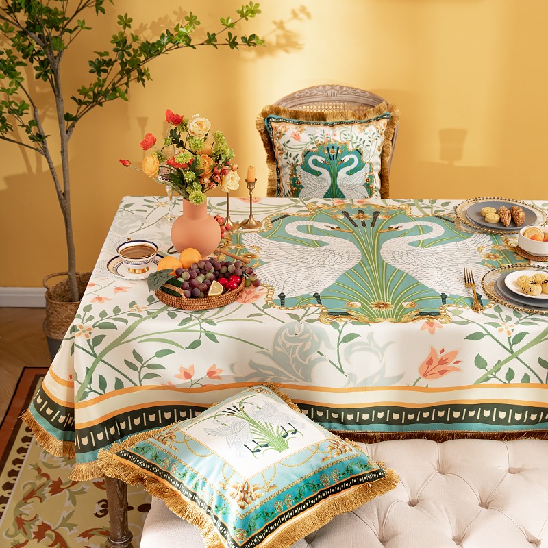 田园美式植物花卉餐桌布北欧轻奢流苏短毛绒桌面台布防水茶几盖布