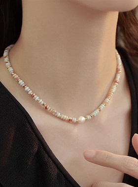 彩色石天然珍珠项链女轻奢小众多巴胺串珠锁骨链新款爆款颈链
