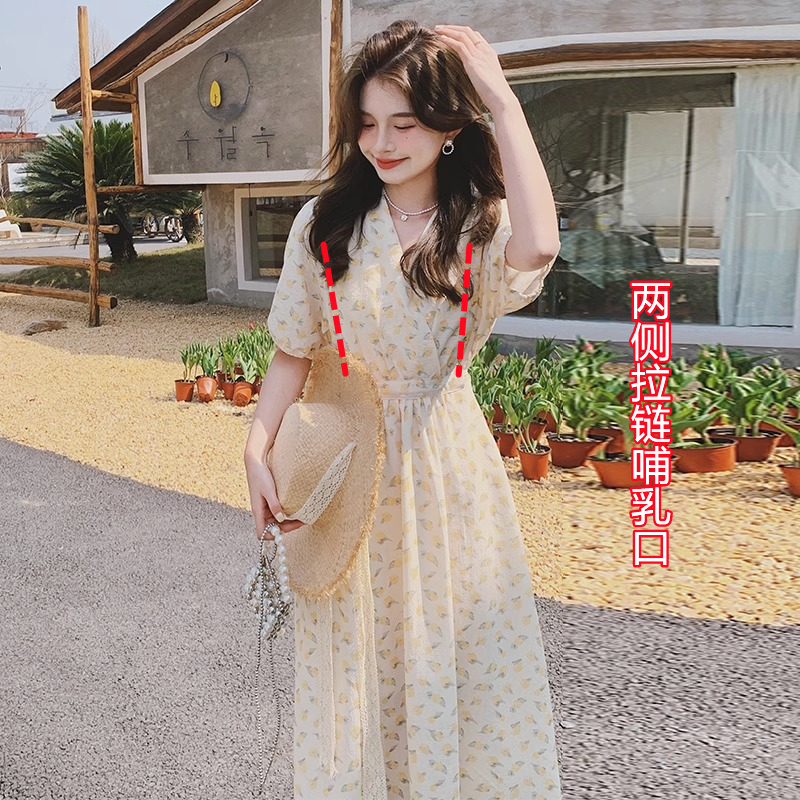 2023夏季哺乳衣外出辣妈款碎花喂奶衣服法式茶歇裙V领哺乳连衣裙