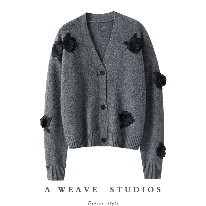 眼前一亮!立体玫瑰花加厚100%纯山羊绒开衫女毛衣针织开衫外套