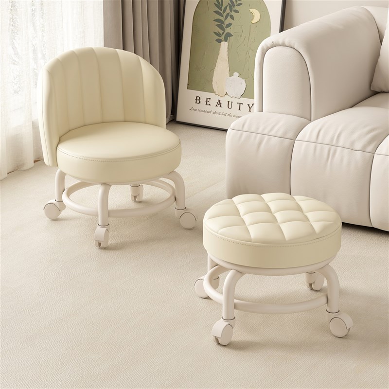 万向轮小凳子家用滑轮靠背矮凳客厅创意坐凳带轮子圆凳软坐垫板凳