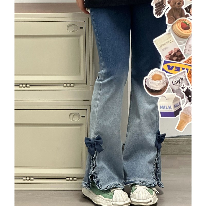 2024新款裤子大码女装胖mm开叉宽松高腰渐变微喇弹力显瘦牛仔裤女