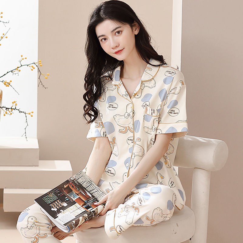 新款睡衣女夏季短袖长裤100%纯棉薄款女休闲翻领妈妈家居服套装夏