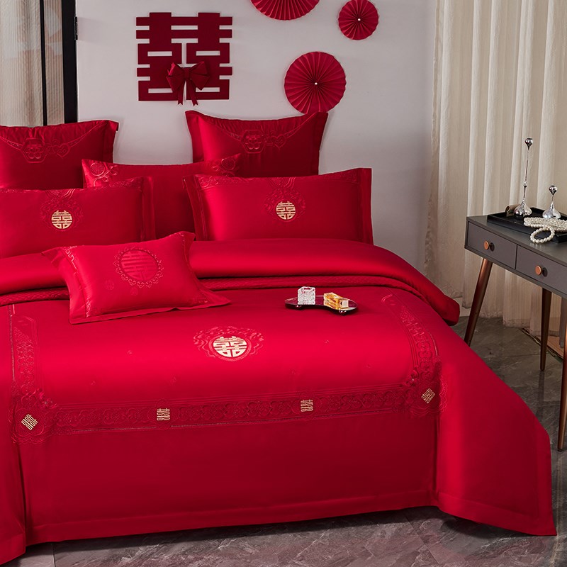 高端婚庆大红结婚四件q套纯棉床单被套新中式简约婚庆陪嫁婚房床