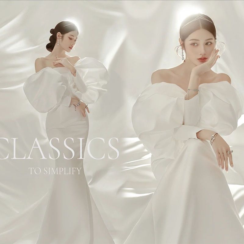 影楼孕妇装简约拍照修身鱼尾抹胸礼服高定缎面泡泡袖主题服装