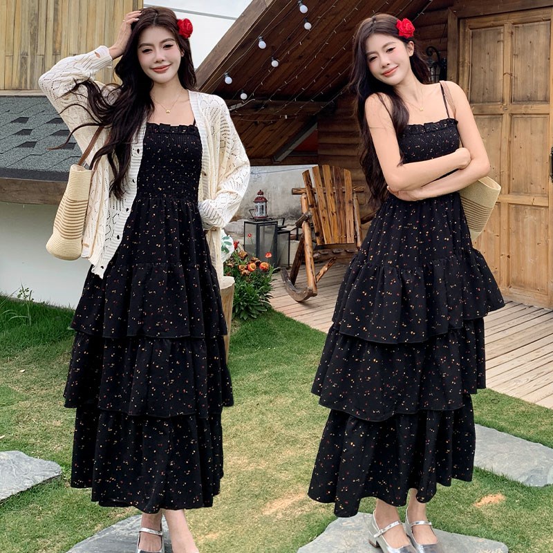 大码女装夏季新款法式蛋糕裙收腰显瘦碎花吊带连衣裙女开衫两件套