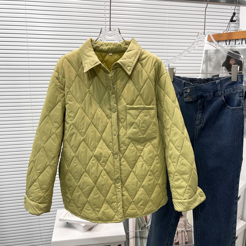 胡子叔大码韩版宽松衬衫领羽绒棉服胖mm中L长款菱形格内外穿外套