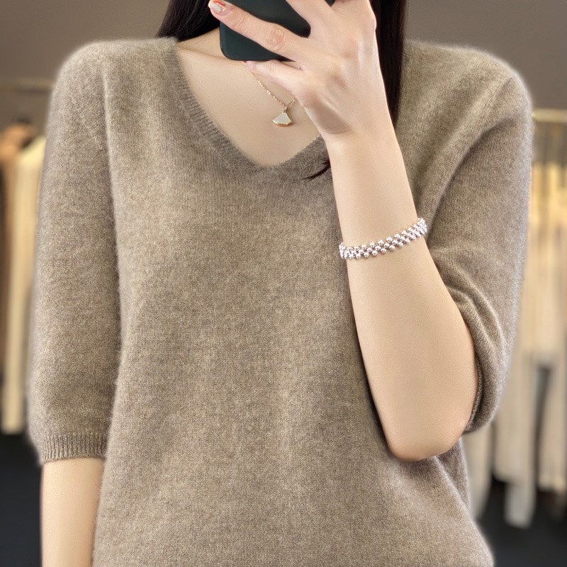100%纯羊毛女V领五分袖短袖羊毛衫套头毛衣内搭打底衫
