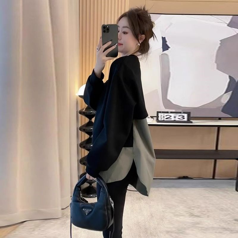大码宽松300斤时尚p减龄复古卫衣女春秋季胖妹妹设计感长袖上衣服