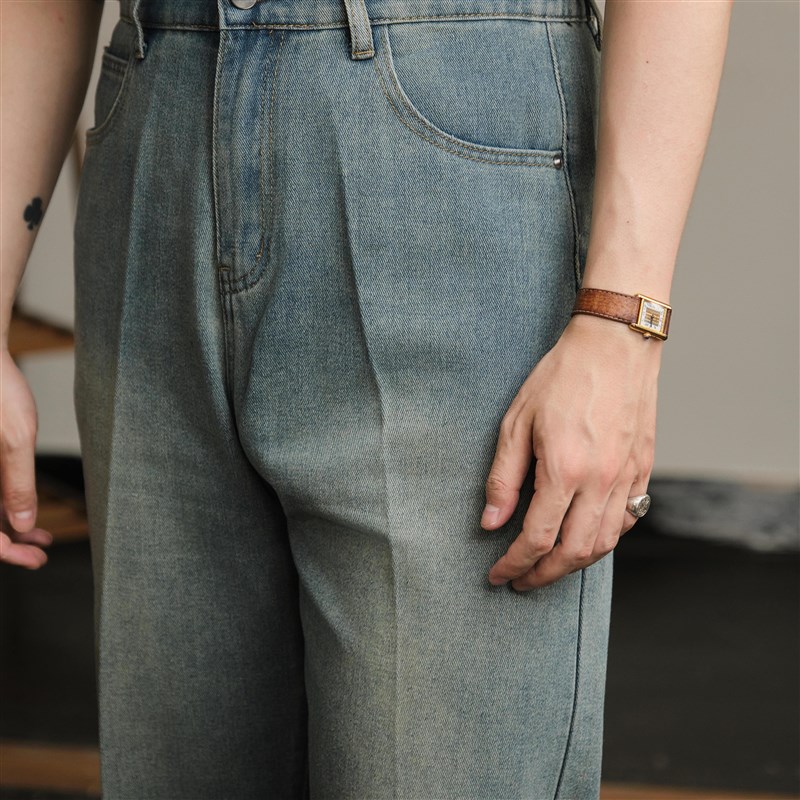 【复古直筒牛仔裤】平圆方中松紧高腰宽松牛仔裤舒适修身微弹百搭