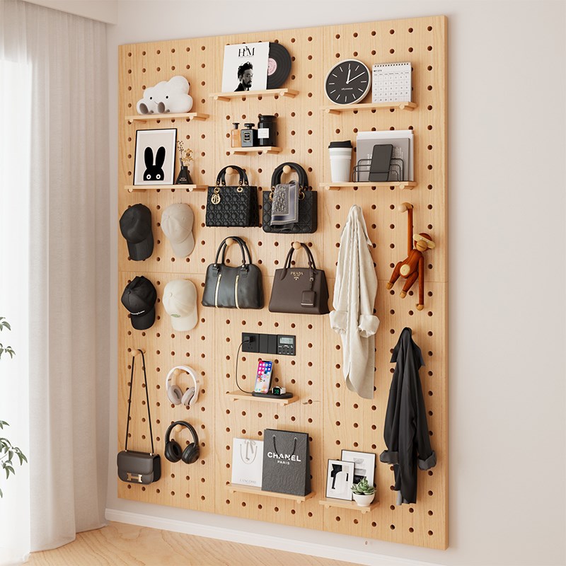 实木洞洞板墙上置物架入户玄关定制造型墙面装饰展示架壁挂收纳架