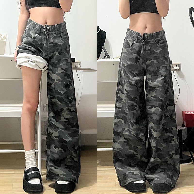 特大码高腰直筒学生牛仔裤女2025新款迷彩工装裤休闲宽松阔腿长裤