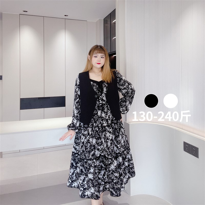 胖仙女莹莹大码女装胖MM秋新中式雪纺碎花连衣裙遮肉马甲两件套装
