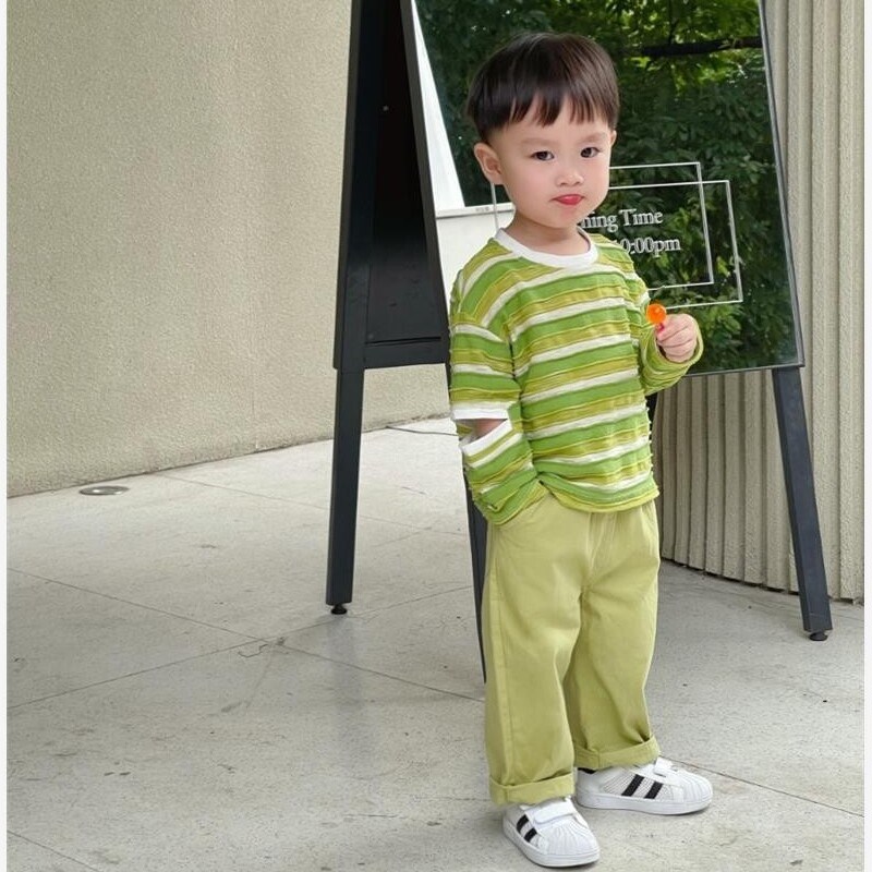 男童绿色条纹T恤2024新款夏季韩版童装帅气百搭上衣男宝休闲