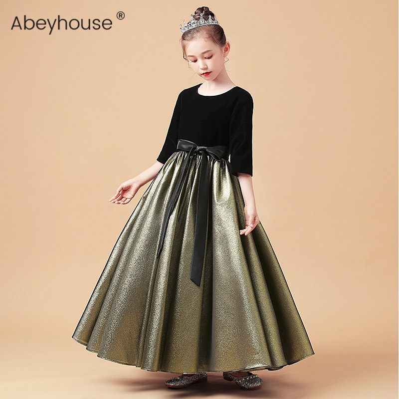 女童高档钢琴演出服乐团合唱金色礼服儿童生日十岁公主裙长袖秋冬