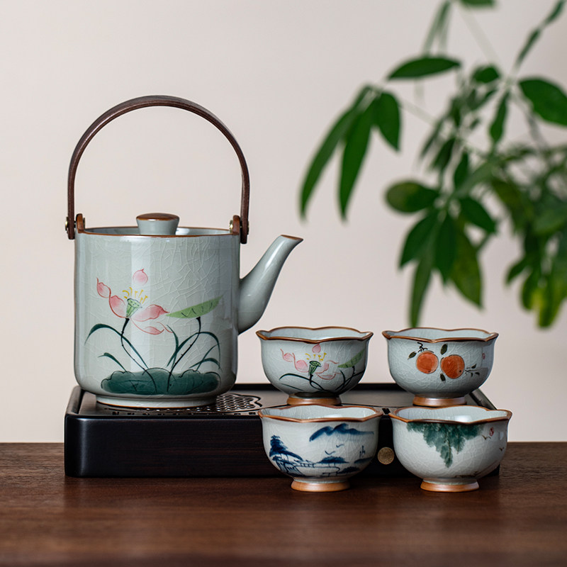 哥窑手绘陶瓷茶壶功夫茶具套组大容量提梁壶茶杯组合家用办公茶艺