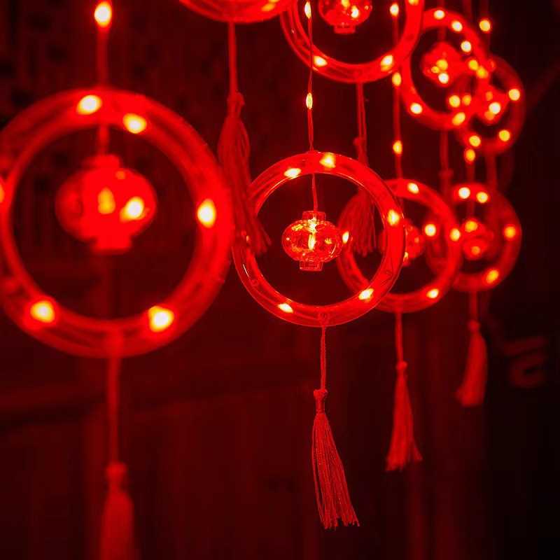 中国风圆环窗帘灯红灯笼led新年挂件皮线灯春节元宵节日装饰灯串