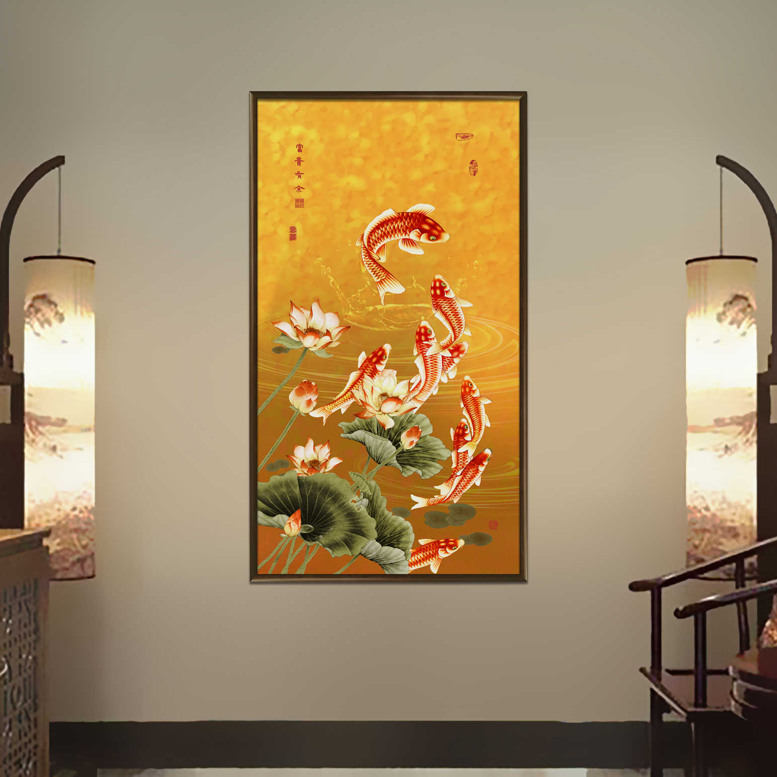 可定制荷花九鱼/铜雕画走廊挂画家庭装饰画新中式挂画手工錾刻画图片