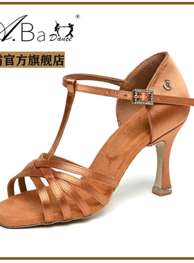 abaA霸舞鞋精品中高跟拉丁舞鞋女软底舞蹈鞋练功鞋锥跟马蹄跟缎面