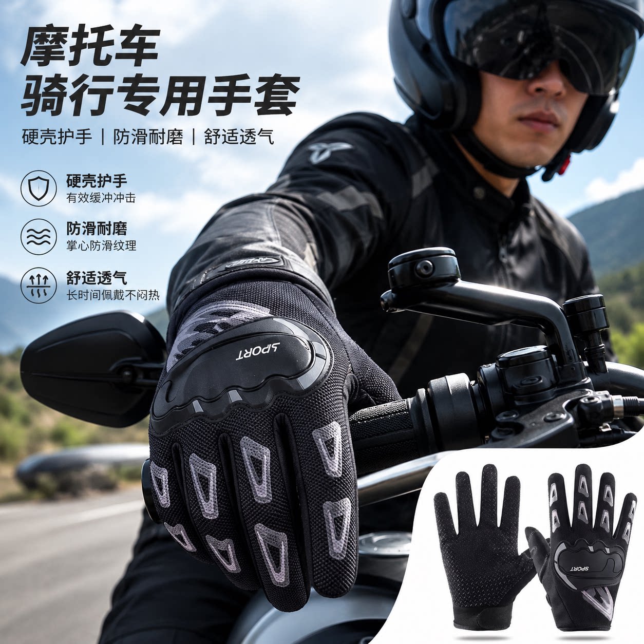 摩托车骑行专用手套夏季透气网布减震防滑触屏机车越野骑行护掌