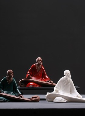 中式禅意历史戏曲人物觅知音摆件书房客厅伯牙抚琴U陶瓷工艺装饰