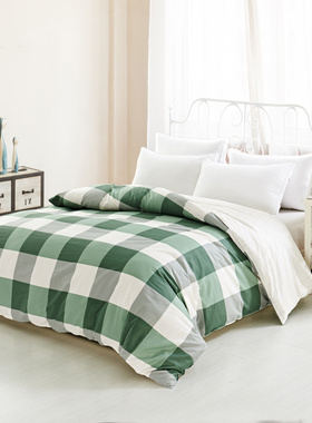 全棉被套清爽绿色素色l条纹格子被罩 纯棉 单件180x220 200x230cm