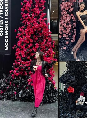 情人节红玫瑰花瀑布网红橱窗店铺暗黑风打卡布置装饰落.地摆件道