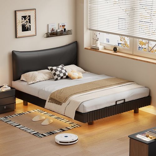 主卧床超薄床头软包靠背齐边床1.8宽2米长的床实木真皮双人悬浮床