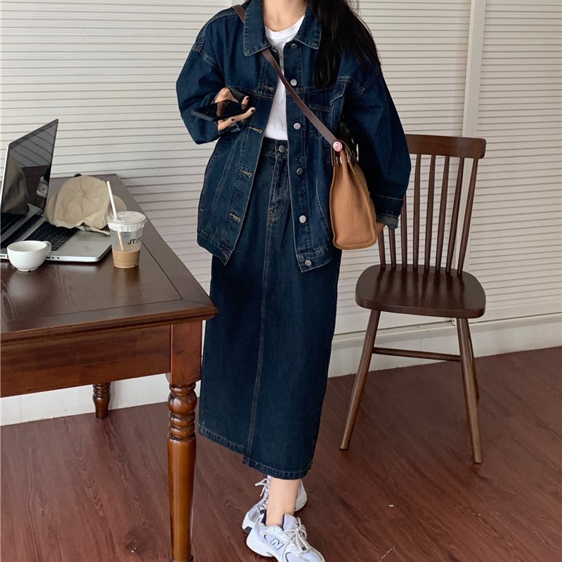 2022秋冬季开学季少女牛仔套装 酷飒出街~夹T克外套开叉半身裙