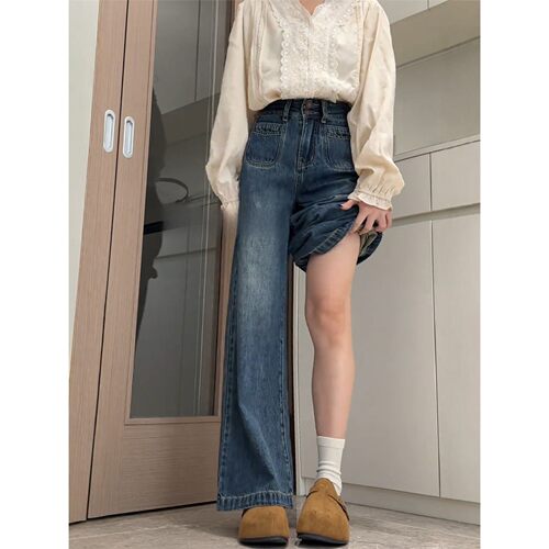 覆古蓝阔腿牛仔裤女秋冬