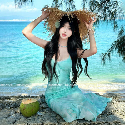 法式浅绿色印花网纱吊带