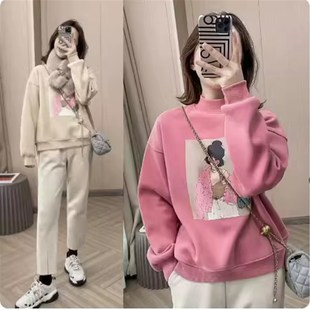 米白色直筒休闲毛呢裤 子九分 女宽松加绒卫衣春秋冬显瘦阔腿老爹裤