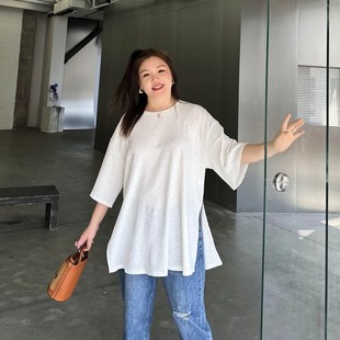 竹节棉半袖 遮屁股胖mm宽松开叉T恤中长款 女装 200斤大码 上衣 夏季
