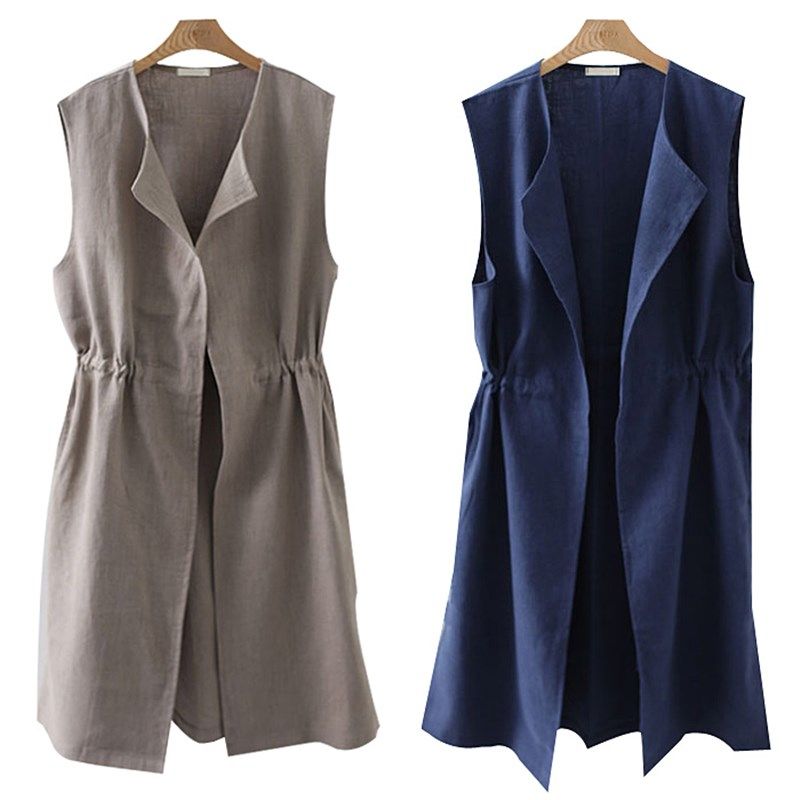 夏季韩版亚麻马甲女薄款中长款马夹显瘦百搭坎肩宽松开衫外搭背心