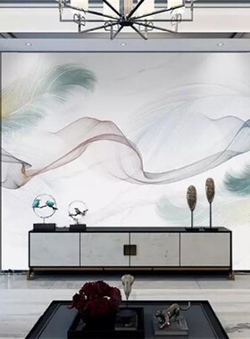 电视背景b墙壁纸北欧2022家装客厅影视墙布蓝色羽毛壁布8d沙发墙