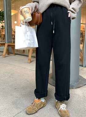 NAZ那子大码早春新款高腰宽松休闲抽绳卫裤胖mmT黑色减龄女直筒裤