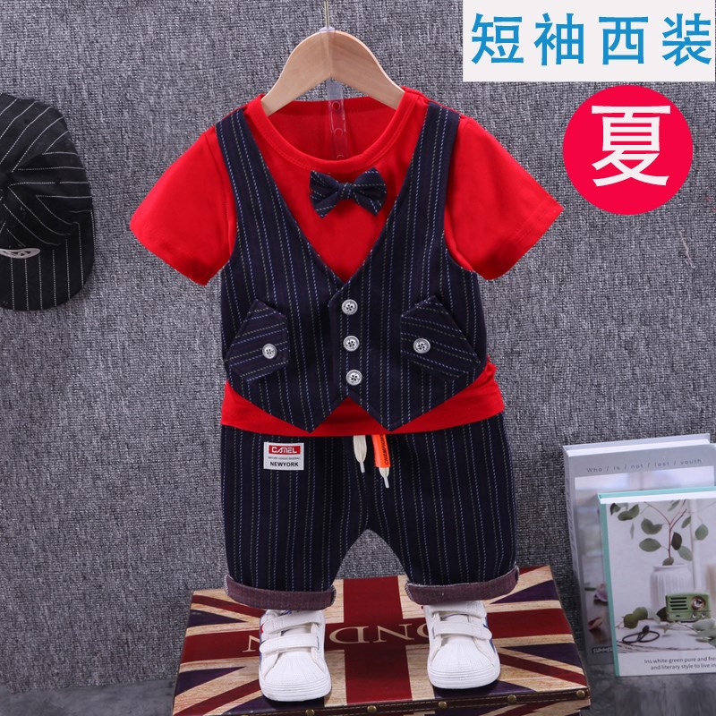 宝宝夏装套装1男童短袖2到3岁y婴儿夏季T恤西服4抓周红色礼服5西
