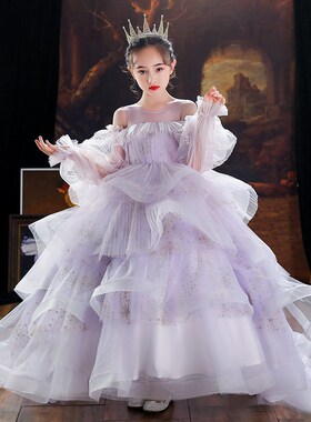 儿童礼服公e主裙紫色女童钢琴演出服主持人晚礼服洋气走秀夸张拖
