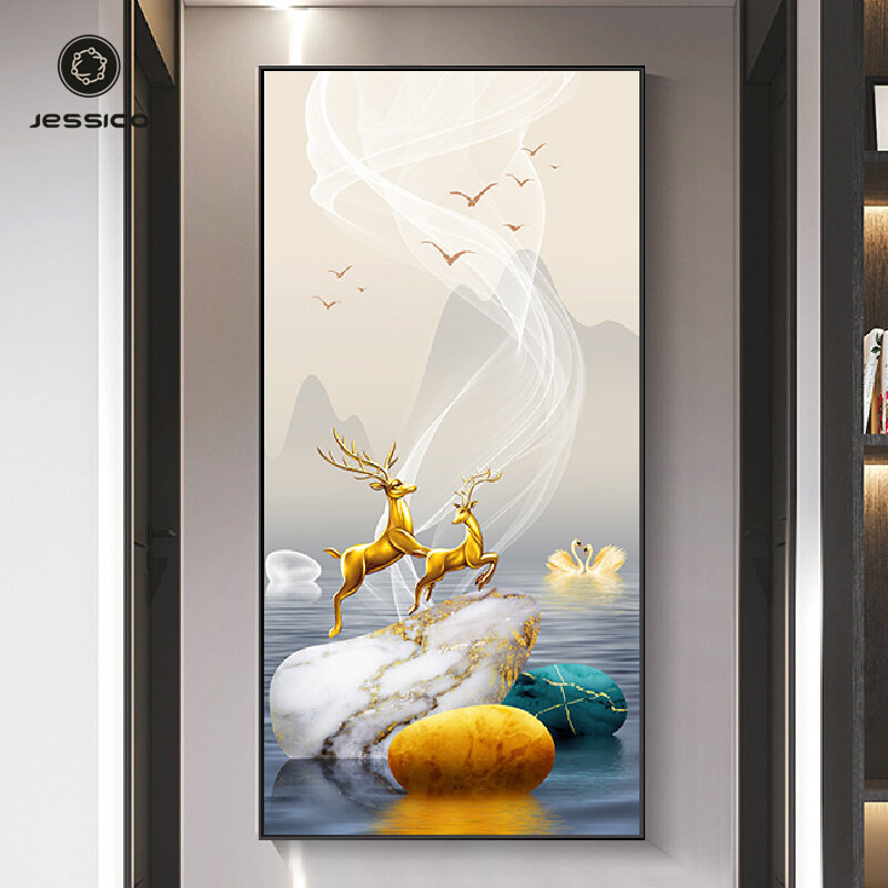 禄进门轻奢玄关挂画大气入户走廊装饰画麋鹿客厅过道墙壁画