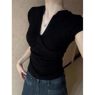 大码胖mm法式小众别致短袖t恤女夏季新款设计感修身辣妹短款上衣