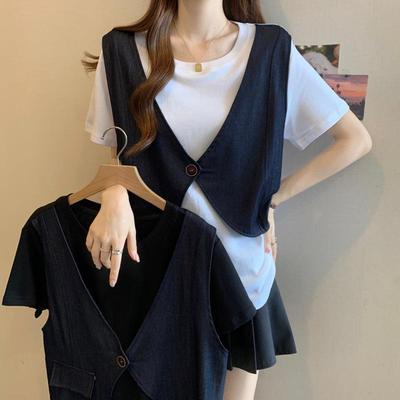 高级感正肩短袖恤女夏季大码胖宽松遮肚子假两件别致上衣