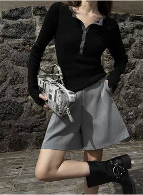 UNITY MODE美拉德复古羊毛针织衫女秋季黑色休闲打底修身长袖上衣