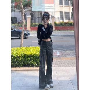 褲 女2024新款 深灰色美式 設計感顯瘦休閑褲 甜酷高腰直筒工裝 SUN11