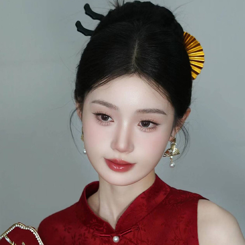 新中式金色扇子发簪古风红色旗袍订婚发饰新娘结婚敬酒服搭配头饰