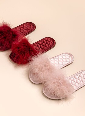 结婚拖鞋毛毛拖鞋女新款外穿伴娘凉拖配裙子羽毛一字新娘婚礼晨袍