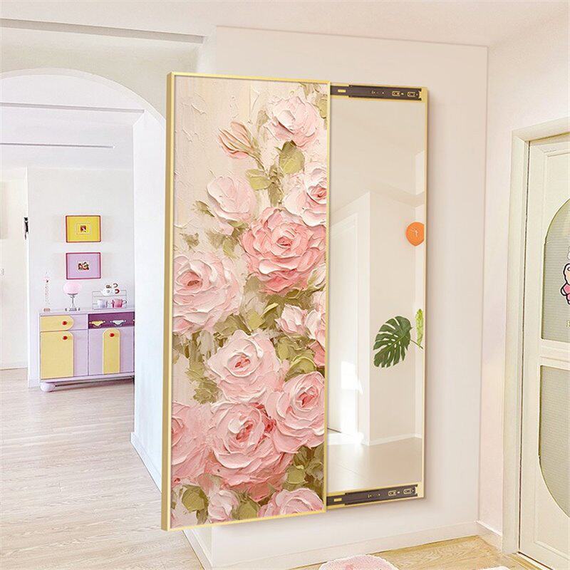粉色隐藏式镜子装饰画肌理立体感可推拉穿衣镜高级感可关闭全身镜