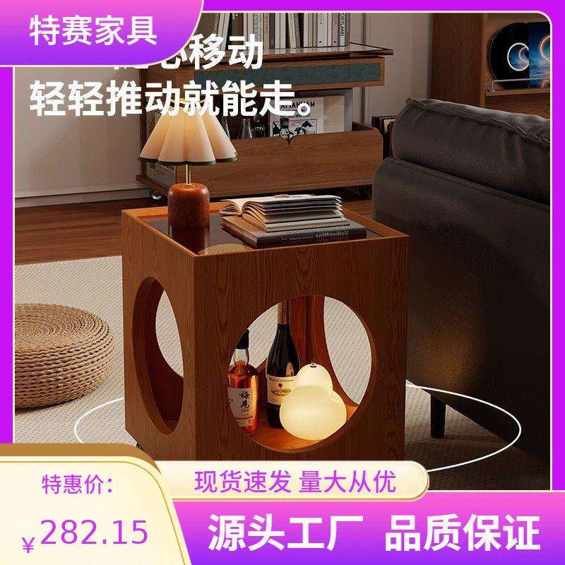 北欧风实木镂空沙发边桌中古可移动小茶几卧室黑色床头桌方形茶桌