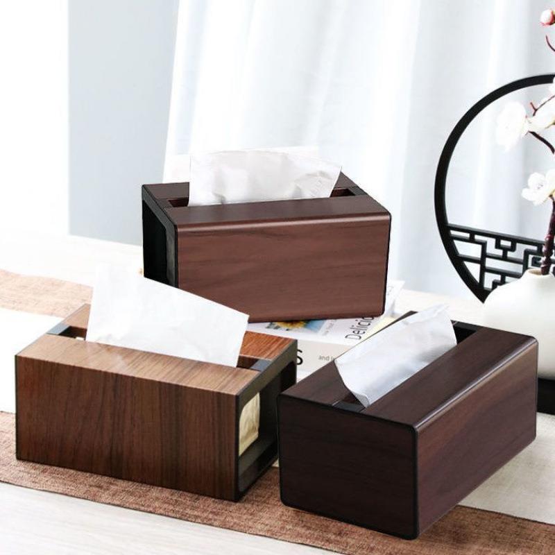 胡桃木纹中式纸巾盒客厅餐桌办公室桌面高档纸抽盒金属纸巾收纳盒