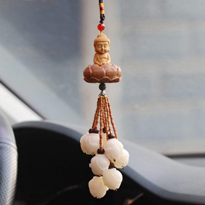 黄杨圣佛车挂 玉兰花车挂桃木莲花纯手工编制汽车挂件 创意车挂